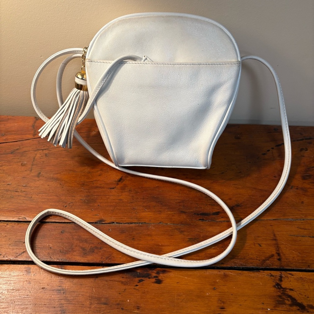 Studio Imports vintage leather granny bag crossbody tassel charm white
